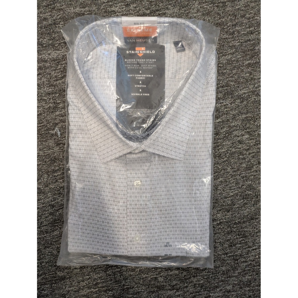 NEW Van Heusen Dress Shirt Men's 22 34/35 White Geometric Big Fit Stain Shield